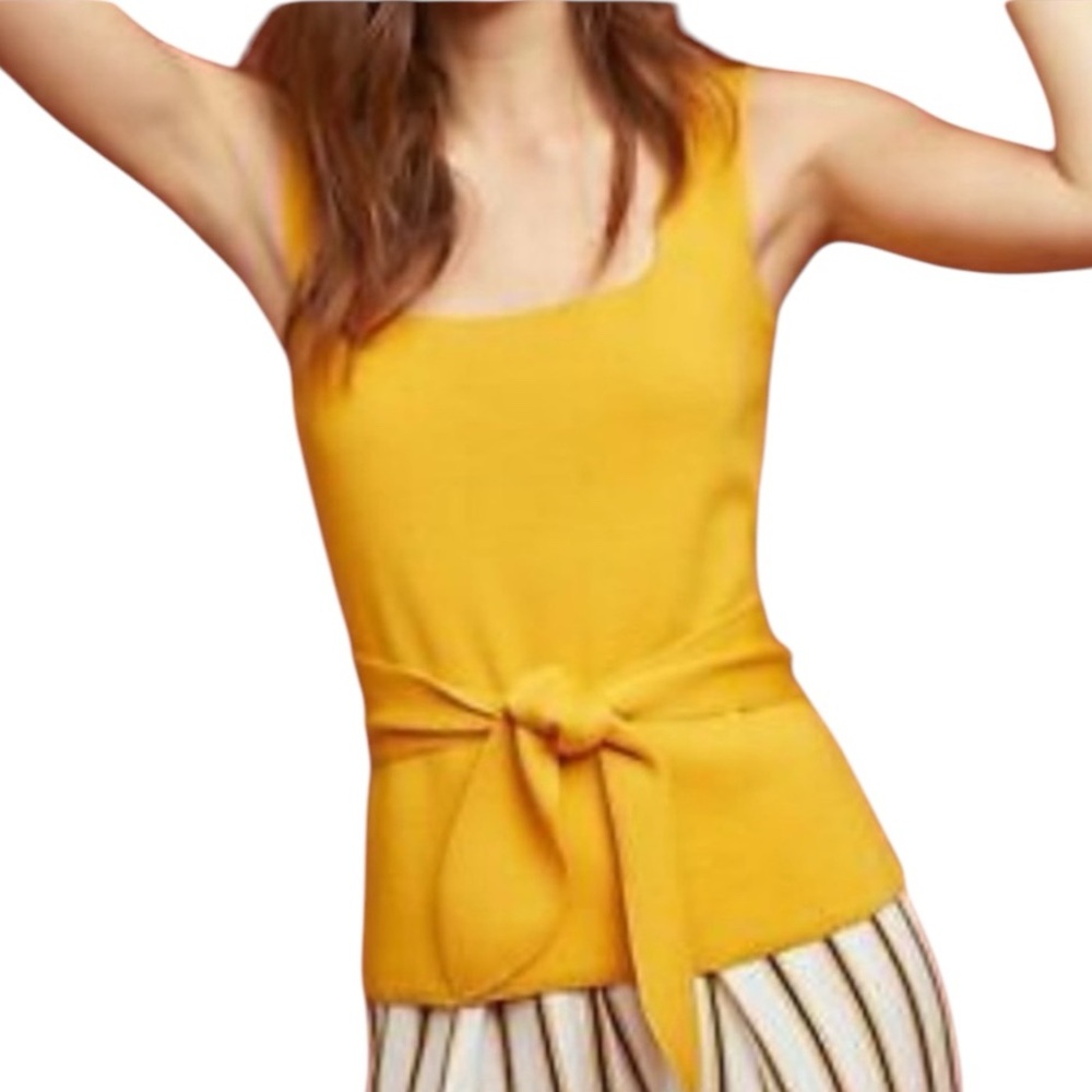 ANTHROPOLOGIE Mustard Yellow Harloe belted knit sweater